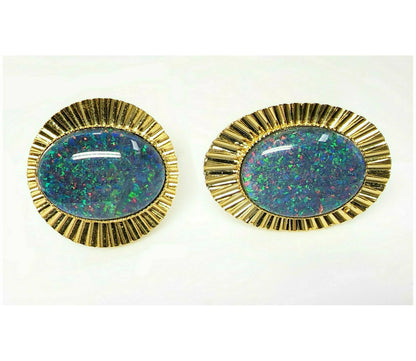 01693.0 - Diamond Cut metal Gold Plated Cuff Links set with 18 x 13 mm Oval Cut Opal Triplets made in Australia with Natural Australian Opal