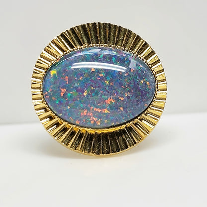 01693.0 - Diamond Cut metal Gold Plated Cuff Links set with 18 x 13 mm Oval Cut Opal Triplets made in Australia with Natural Australian Opal