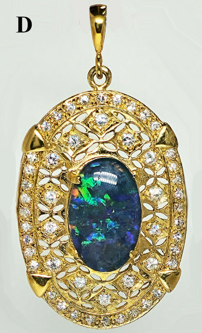 02915.0 - 45 mm Sterling Silver Gold Plated Filigree style Combination Pendant and Brooch Set with Natural Australian Opal Triplet and CZ