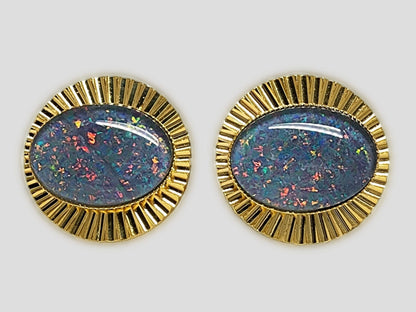 01693.0 - Diamond Cut metal Gold Plated Cuff Links set with 18 x 13 mm Oval Cut Opal Triplets made in Australia with Natural Australian Opal
