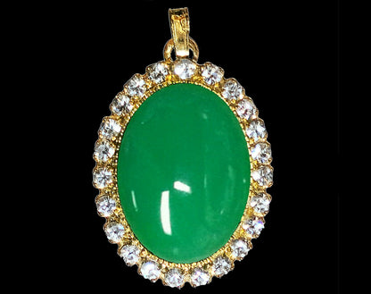 01524.0 - ONE ONLY Gold Plated Pendant set with one 18 x 13 mm Oval Cut Natural Australian Chrysoprase & Surrounded by Rhinestones