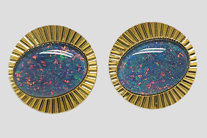 01693.0 - Diamond Cut metal Gold Plated Cuff Links set with 18 x 13 mm Oval Cut Opal Triplets made in Australia with Natural Australian Opal