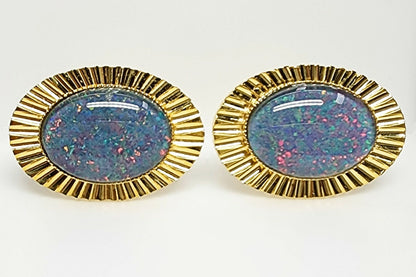 01693.0 - Diamond Cut metal Gold Plated Cuff Links set with 18 x 13 mm Oval Cut Opal Triplets made in Australia with Natural Australian Opal