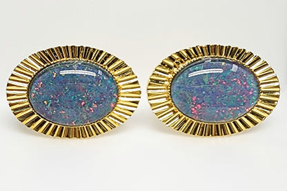 01693.0 - Diamond Cut metal Gold Plated Cuff Links set with 18 x 13 mm Oval Cut Opal Triplets made in Australia with Natural Australian Opal