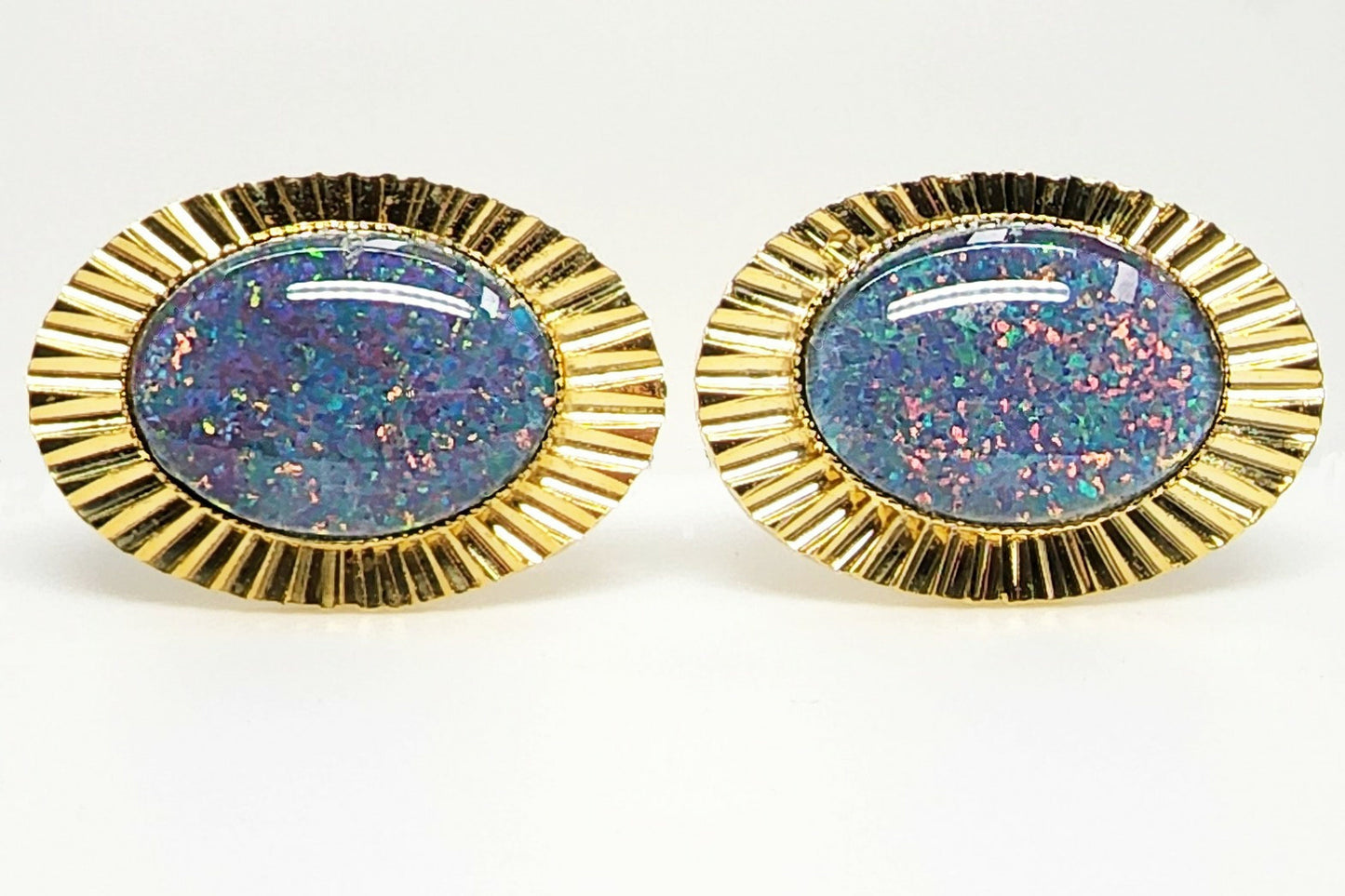 01693.0 - Diamond Cut metal Gold Plated Cuff Links set with 18 x 13 mm Oval Cut Opal Triplets made in Australia with Natural Australian Opal