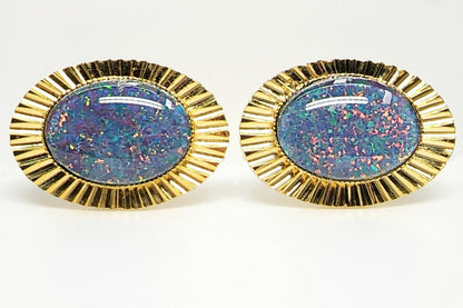 01693.0 - Diamond Cut metal Gold Plated Cuff Links set with 18 x 13 mm Oval Cut Opal Triplets made in Australia with Natural Australian Opal