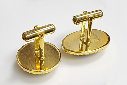 01693.0 - Diamond Cut metal Gold Plated Cuff Links set with 18 x 13 mm Oval Cut Opal Triplets made in Australia with Natural Australian Opal