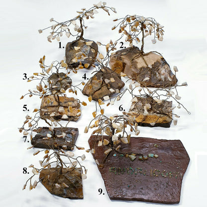 00001.0 - One Lot of 9 Twisted Wire Trees with White Opal Chips on Boulder Opal Sizes ranging from 50 to 150 mm and height from 50 to 100 mm