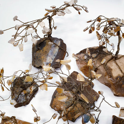 00001.0 - One Lot of 9 Twisted Wire Trees with White Opal Chips on Boulder Opal Sizes ranging from 50 to 150 mm and height from 50 to 100 mm