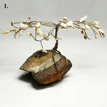 00001.0 - One Lot of 9 Twisted Wire Trees with White Opal Chips on Boulder Opal Sizes ranging from 50 to 150 mm and height from 50 to 100 mm