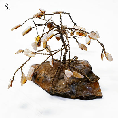 00001.0 - One Lot of 9 Twisted Wire Trees with White Opal Chips on Boulder Opal Sizes ranging from 50 to 150 mm and height from 50 to 100 mm