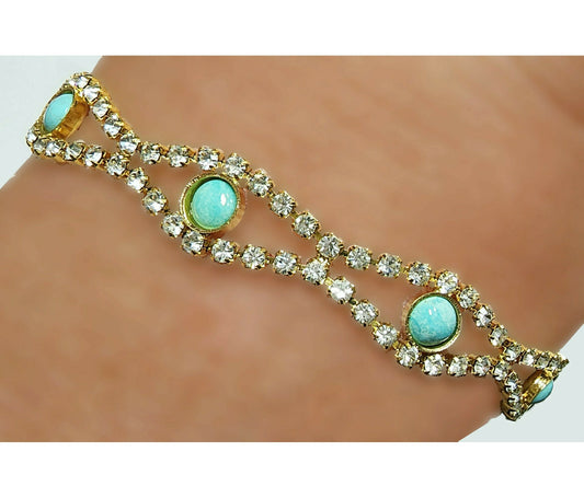 53649.0 - Rhinestone Bracelet with 7 Round Cut Natural non-treated rare Australian Turquoise for sale in either 16.5 cm or 18.5 cm length