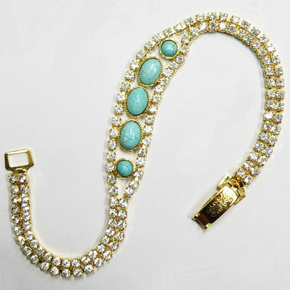 53650.0 - 17.0 cm or 18.5 cm Natural Australian Turquoise and Rhinestone Bracelet with 2 round 4 mm and 3 oval 7x5 mm Turquoise for sale