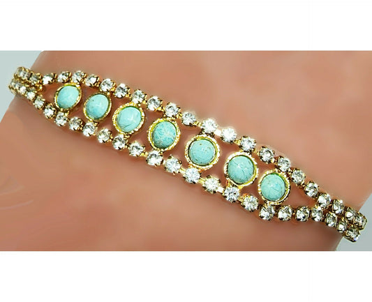 53636.0 - Natural Un-treated Australian Turquoise ("TurqOZ") Rhinestone Bracelet for sale 7 Round Cut 4 mm Cabochon Turquoise