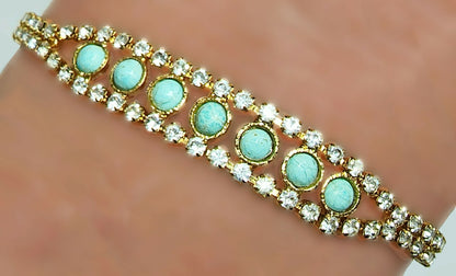 53636.0 - Natural Un-treated Australian Turquoise ("TurqOZ") Rhinestone Bracelet for sale 7 Round Cut 4 mm Cabochon Turquoise