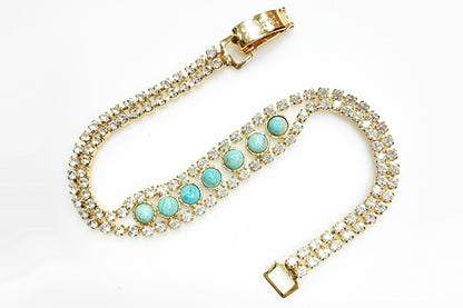 53636.0 - Natural Un-treated Australian Turquoise ("TurqOZ") Rhinestone Bracelet for sale 7 Round Cut 4 mm Cabochon Turquoise