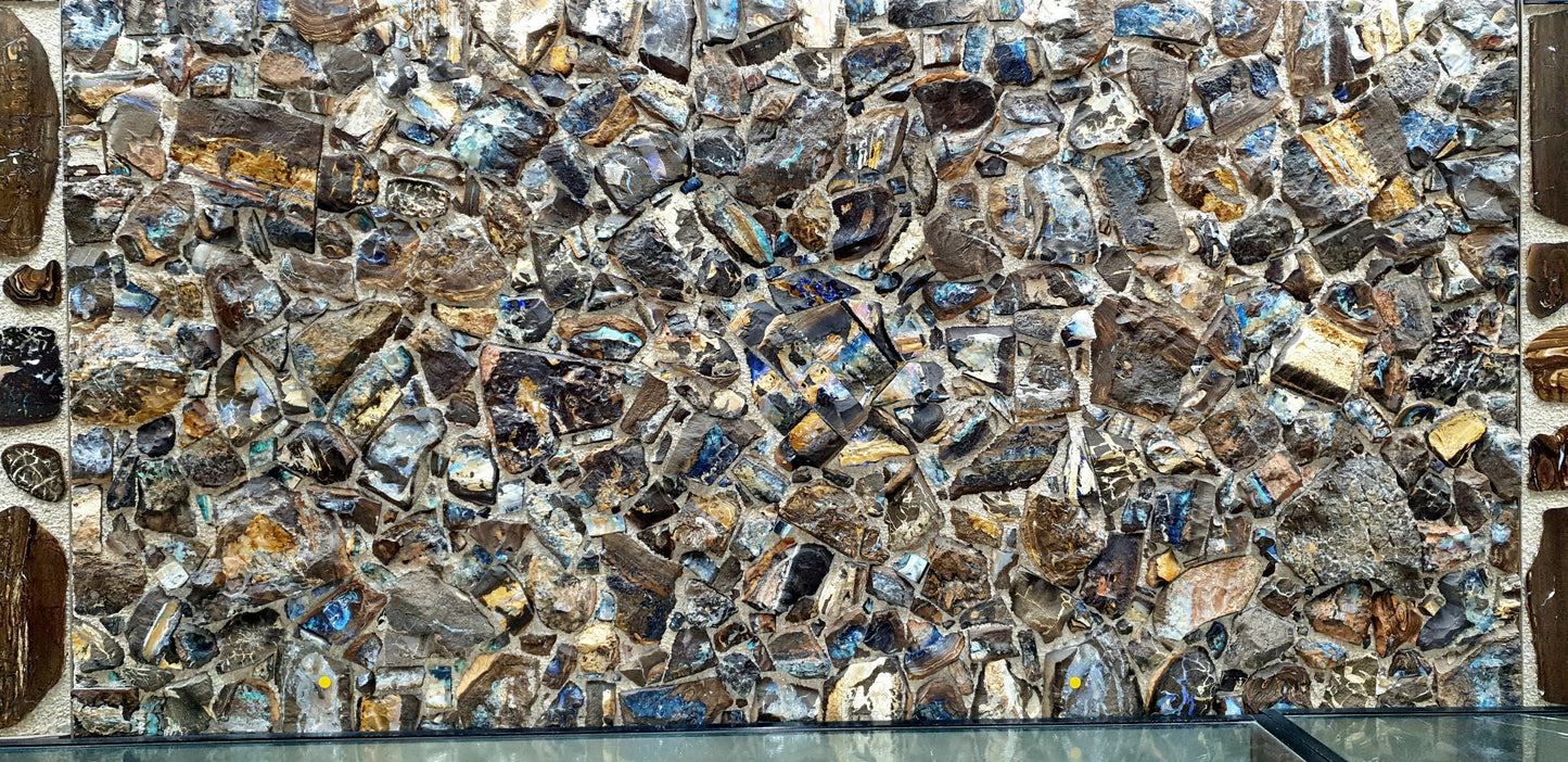 01000.0 - One Australian Boulder Opal wall dining or coffee table panel with rough opal and Two panels with sliced opal 1800 x 900 x 30+ mm About 110-130 Kg