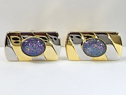 01690.0 - White and Gold Plated Pair of Opal Triplet Cuff Links, 8 x 6 mm Australian Opal Triplet Birthday Christmas or Father's day gift