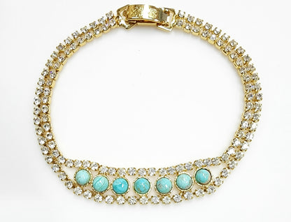 53636.0 - Natural Un-treated Australian Turquoise ("TurqOZ") Rhinestone Bracelet for sale 7 Round Cut 4 mm Cabochon Turquoise