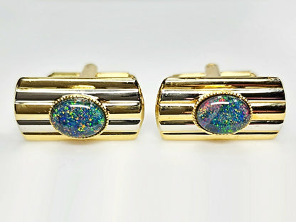 01690.0 - White and Gold Plated Pair of Opal Triplet Cuff Links, 8 x 6 mm Australian Opal Triplet Birthday Christmas or Father's day gift
