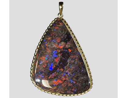 02571.0 - HUGE Handmade and UNIQUE 14 Kt Yellow Gold Pendant 55 x 35 mm Set with 23.00 carats Treated Opal Matrix from Andamooka Opal Fields