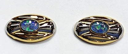 01690.0 - White and Gold Plated Pair of Opal Triplet Cuff Links, 8 x 6 mm Australian Opal Triplet Birthday Christmas or Father's day gift