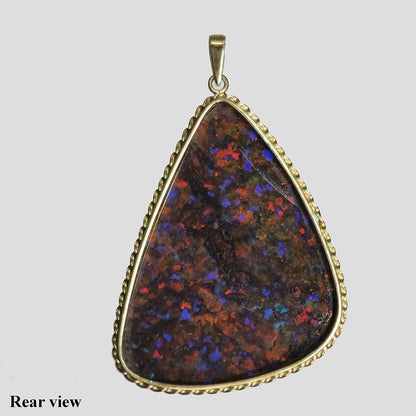 02571.0 - HUGE Handmade and UNIQUE 14 Kt Yellow Gold Pendant 55 x 35 mm Set with 23.00 carats Treated Opal Matrix from Andamooka Opal Fields