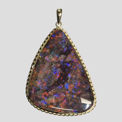 02571.0 - HUGE Handmade and UNIQUE 14 Kt Yellow Gold Pendant 55 x 35 mm Set with 23.00 carats Treated Opal Matrix from Andamooka Opal Fields