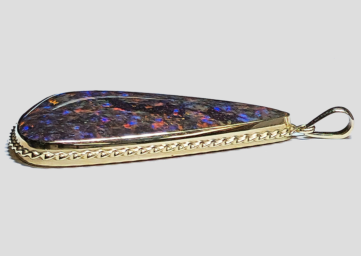 02571.0 - HUGE Handmade and UNIQUE 14 Kt Yellow Gold Pendant 55 x 35 mm Set with 23.00 carats Treated Opal Matrix from Andamooka Opal Fields