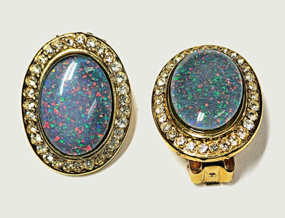 03306.0 - Pair of large 25x20 mm Gold Plated Clip on Earrings set with 18x13 mm Australian Opal Triplet surrounded with Rhinestones for sale