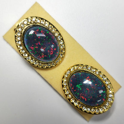 03306.0 - Pair of large 25x20 mm Gold Plated Clip on Earrings set with 18x13 mm Australian Opal Triplet surrounded with Rhinestones for sale