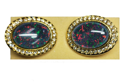 03306.0 - Pair of large 25x20 mm Gold Plated Clip on Earrings set with 18x13 mm Australian Opal Triplet surrounded with Rhinestones for sale