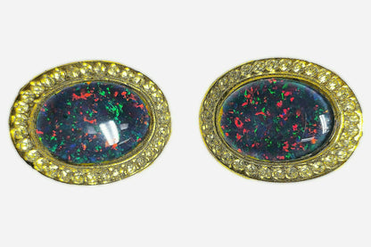 03306.0 - Pair of large 25x20 mm Gold Plated Clip on Earrings set with 18x13 mm Australian Opal Triplet surrounded with Rhinestones for sale
