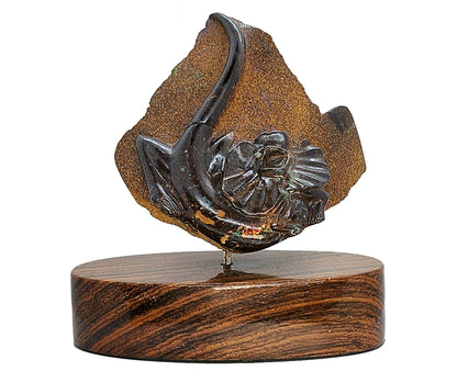 03905.2 - Boulder Opal Carving Frilled Neck Lizard On Block Of Wood 194 Grams 90 mm Wide x 95 mm High x 60 mm Deep Carved in the 1970's