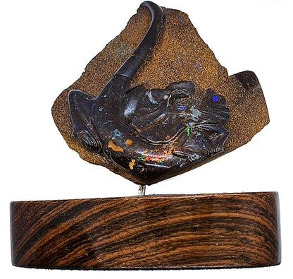 03905.2 - Boulder Opal Carving Frilled Neck Lizard On Block Of Wood 194 Grams 90 mm Wide x 95 mm High x 60 mm Deep Carved in the 1970's