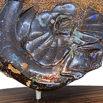 03905.2 - Boulder Opal Carving Frilled Neck Lizard On Block Of Wood 194 Grams 90 mm Wide x 95 mm High x 60 mm Deep Carved in the 1970's