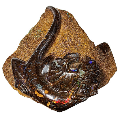 03905.2 - Boulder Opal Carving Frilled Neck Lizard On Block Of Wood 194 Grams 90 mm Wide x 95 mm High x 60 mm Deep Carved in the 1970's