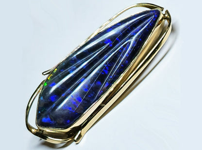 03914.0 - Handmade and UNIQUE 14 Kt Yellow Gold Brooch 45 x 20 mm Set with 13.04 carats Carved Treated Opal Matrix from Andamooka Australia