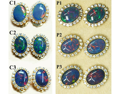 04041.0 - Gold Plated Clip-on and Post types Earrings for sale Set with 14x10 mm Natural Australian Opal Triplet Surrounded with Rhinestones