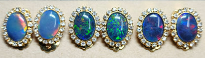04041.0 - Gold Plated Clip-on and Post types Earrings for sale Set with 14x10 mm Natural Australian Opal Triplet Surrounded with Rhinestones