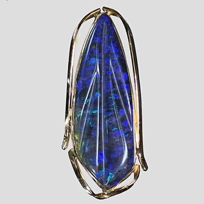 03914.0 - Handmade and UNIQUE 14 Kt Yellow Gold Brooch 45 x 20 mm Set with 13.04 carats Carved Treated Opal Matrix from Andamooka Australia