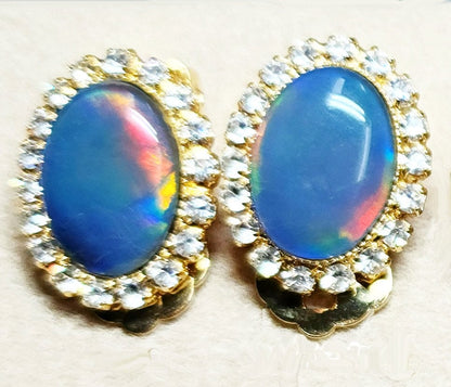 04041.0 - Gold Plated Clip-on and Post types Earrings for sale Set with 14x10 mm Natural Australian Opal Triplet Surrounded with Rhinestones