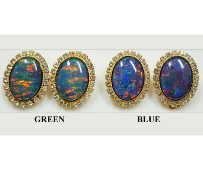 04110.0 - Gold Plated ClipOn Earrings for sale Set with large 18x13 mm Oval Cut Quality Australian Opal Triplets surrounded by Rhinestones