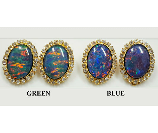 04110.0 - Gullbelagte ClipOn øredobber til salgs Sett med store 18x13 mm Oval Cut Quality Australian Opal Triplets omgitt av Rhinestones