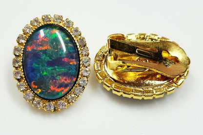 04110.0 - Gold Plated ClipOn Earrings for sale Set with large 18x13 mm Oval Cut Quality Australian Opal Triplets surrounded by Rhinestones