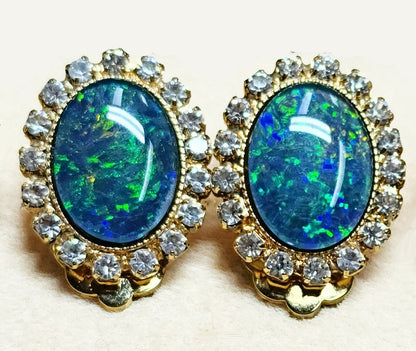 04041.0 - Gold Plated Clip-on and Post types Earrings for sale Set with 14x10 mm Natural Australian Opal Triplet Surrounded with Rhinestones