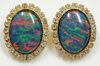 04110.0 - Gold Plated ClipOn Earrings for sale Set with large 18x13 mm Oval Cut Quality Australian Opal Triplets surrounded by Rhinestones