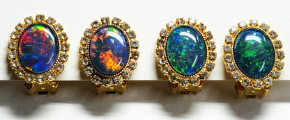 04041.0 - Gold Plated Clip-on and Post types Earrings for sale Set with 14x10 mm Natural Australian Opal Triplet Surrounded with Rhinestones