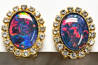 04041.0 - Gold Plated Clip-on and Post types Earrings for sale Set with 14x10 mm Natural Australian Opal Triplet Surrounded with Rhinestones