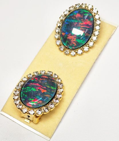 04110.0 - Gold Plated ClipOn Earrings for sale Set with large 18x13 mm Oval Cut Quality Australian Opal Triplets surrounded by Rhinestones